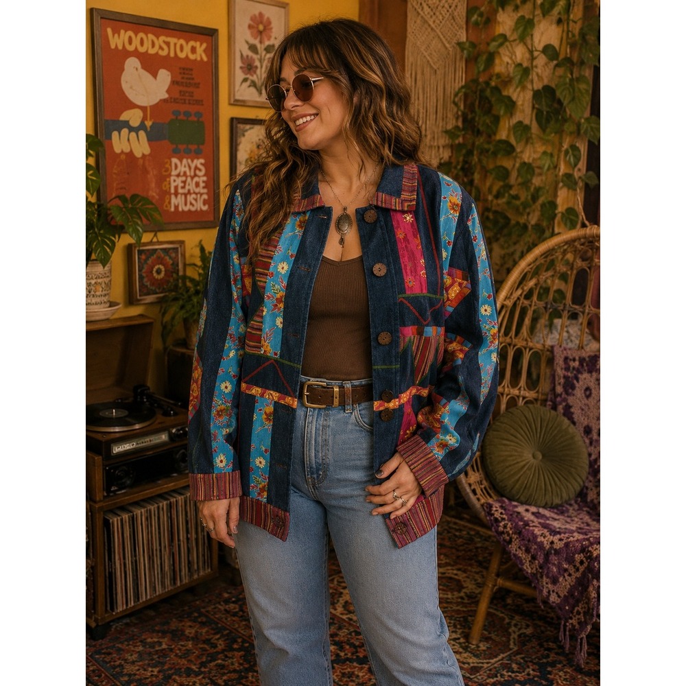 Boho Funky Y2K 90s Art KT McKenzie Patchwork Denim Floral Embroidered L Jacket